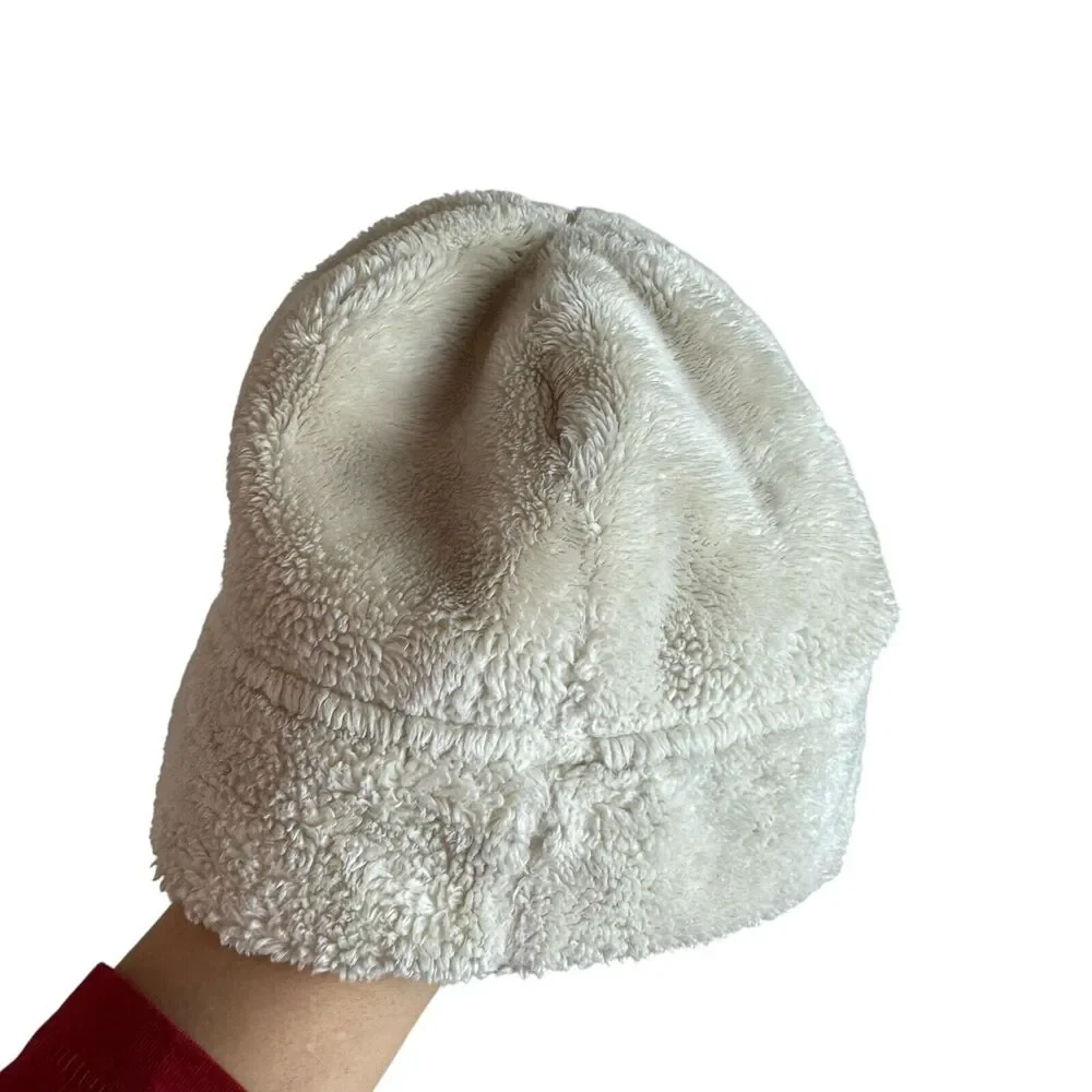 The North Face Beige Fleece One Size Beanie Hat For Child White embroidered logo